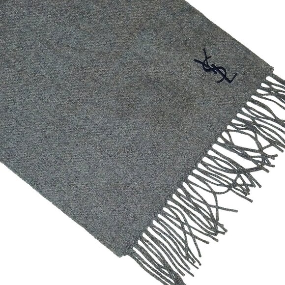 Yves Saint Laurent YSL Gray Blue Embroidered Wool Fringed Scarf Pre-Own… - Picture 5 of 8